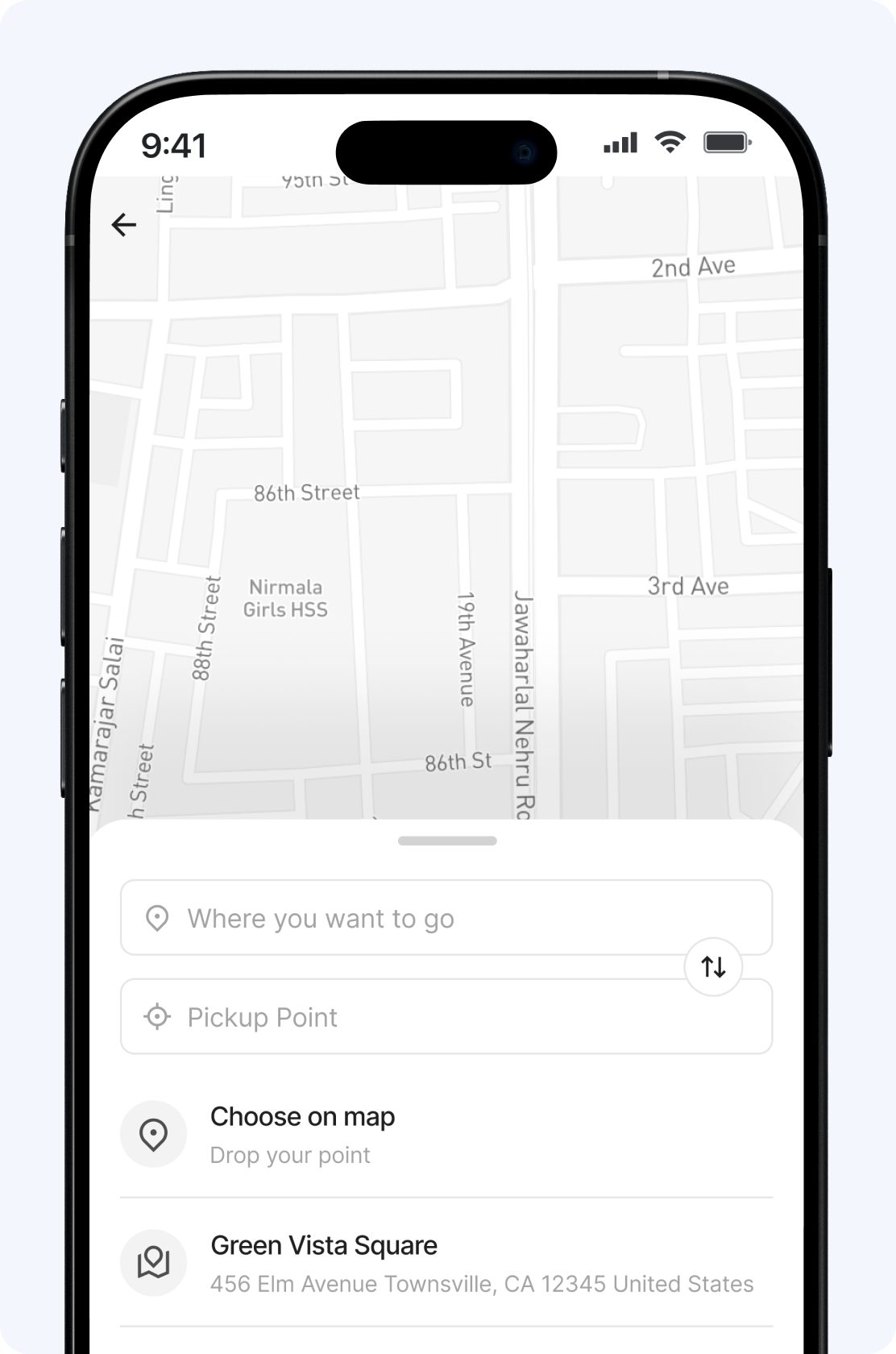 Zenna app screen for setting a destination and pickup point